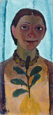 Paula Modersohn-Becker, Selbstbildnis mit Kamelienzweig. 1906/07 (Essen,Museum Folkwang,Modersohn-Becker,Paula,1876-1907,Öl auf Holz,20. Jahrhundert,Portrait,Selbstbildnis,Modersohn-Becker,Paula,Mumienporträt,schmales Format,Frontalität,Augen,Kopf,Oberkörper,Kamelienzweig,Attribut,Halskette)