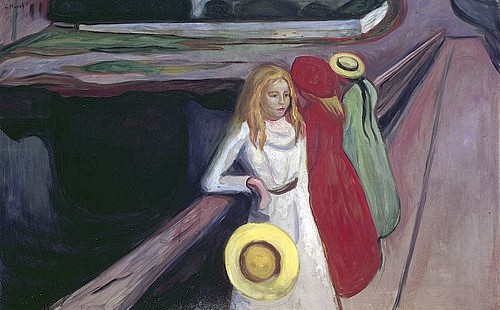 Edvard Munch, Mädchen auf der Brücke. 1900 (Hamburg,Kunsthalle,Munch,Edvard,1863-1944,Munch, Edvard Munch Brücke,Junge Frauen, Mädchen anlehnen Expressionismus drei Hut Strohhut)