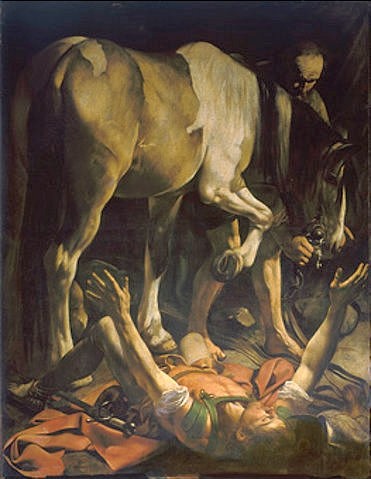Michelangelo Merisi da Caravaggio, Bekehrung Pauli. 1601 (Neues Testament, Bibel, Sturz, Pferd, Apostelgeschichte, Saulus-Paulus,  Christentum,  Barock, hell-dunkel, Klassiker, Malerei, Wunschgröße, Wohnzimmer)