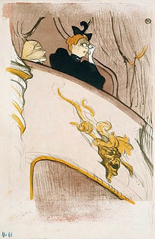 Henri de Toulouse-Lautrec, Die Loge mit der goldenen Maske. (Cover für das Programmheft 'Le Missionaisre'). 1894 (Toulouse-Lautrec,Henri de,1864-1901,Christie's Images Ltd,Farblithographie,Toulouse-Lautrec,Henri Toulouse-Lautrec,19. Jahrhundert,Post-Impressionismus,Frau,Theater,Loge,beobachten,Zuschauer,Opernglas)