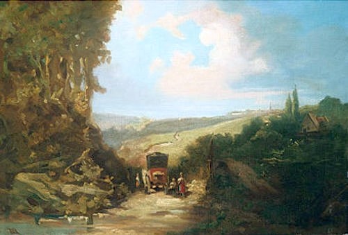 Carl Spitzweg, Landschaft mit Postkutsche. (Spitzweg,Carl,1808-1885,Christie's Images Ltd,Öl auf Leinwand,Spitzweg,Carl Spitzweg,19. Jahrhundert,Biedermeier,Landschaft,Kutsche,Postkutsche,Reise,reisen,skizzenhaft,Transport,Transportmittel,Fortbewegungsmittel)