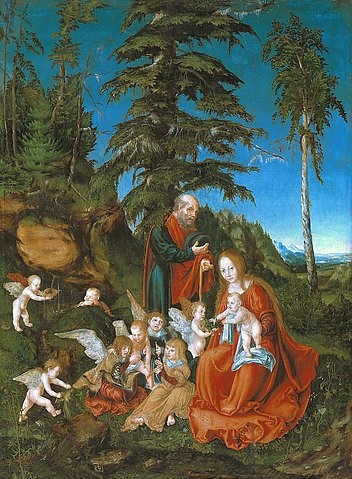 LUCAS CRANACH Der Ältere, Ruhe auf der Flucht nach Ägypten. 1504 (Maria, Jesus Kind, Joseph, Heilige Familie, Putten, Engel, Rast, Religiös, Neues Testament, Christlich, Klassiker, Renaissance, Wunschgröße, Wohnzimmer)