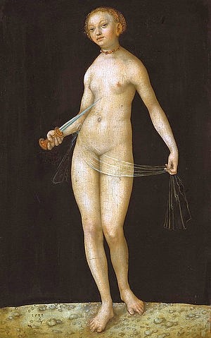 LUCAS CRANACH Der Ältere, Lucretia. 1533 (Lucretia, Frau, nackt, Aktmalerei, Antike, weiblich, Ganzkörperansicht, Tod, Selbstmord, Suizid, Dolch,   Klassiker, Renaissance, Wunschgröße, Wohnzimmer)