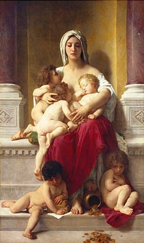 William Adolphe Bouguereau, Caritas. 1878 (Christie's Images Ltd,Bouguereau,William Adolphe,1825-1905,Öl auf Leinwand,Bouguereau,William Adolphe Bouguereau,19. Jahrhundert,Charity,Frau,Kinder,Kleinkinder,Schoß,Fürsorge,umarmen,Umarmung,Personifizierung,Personifikation,Nächstenliebe,Liebe,Mutterlie)