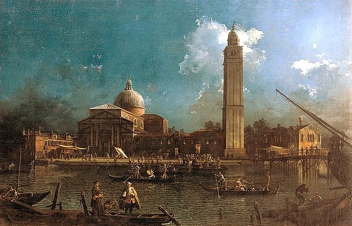 Canaletto (Giovanni Antonio Canal), La Vigilia di San Pietro. Zwischen 1758 und 1763 (Canaletto (Giovanni Antonio Canal),1697-1768,Berlin,Gemäldegalerie,Öl auf Leinwand,Canaletto,Antonio Canal,18. Jahrhundert,Vedute,Italien,Venedig,Gondel,Mond,Mondlicht,Abend,Turm,Campanile,Kirche,San Pietro,Wolke,Abendhimmel)