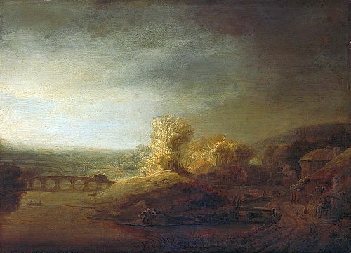 Rembrandt van Rijn, Landschaft mit langer Bogenbrücke. (Rembrandt van Rijn,1606-1669,Berlin,Gemäldegalerie,Eichenholz,Rembrandt,Rembrandt van Rijn,17. Jahrhundert,Barock,Landschaft,Dämmerung,Brücke,Lichtverhältnisse,Dämmerung,Zwielicht,Fluss,Flusslandschaft,Spiegelung,Licht,Stimmung)