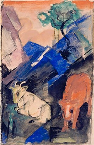 Franz Marc, Zwei Rinder in bergiger Landschaft. 1913 (Marc,Franz,1880-1916,Christie's Images Ltd,Gouache/Aquarell/Tinte,Rind)
