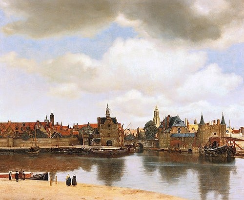 Jan Vermeer van Delft, Ansicht der Stadt Delft. Um 1660 (Den Haag,Mauritshuis,Vermeer van Delft,Jan,1632-1675,Öl,17. Jahrhundert,Foto: Artothek,Niederlande,Vermeer,Jan Vermeer van Delft,Stadtansicht,Holland,Stadt,Stadtkulisse,Häuser,Delft,Barock,Kirchturm,Fluss,Flussufer,Naturtreue,realistisch,naturnah,Himmel,b)