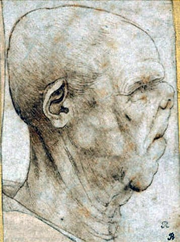 Leonardo da Vinci, Karikatur eines Männerkopfes im Profil. Um 1507 (Mann, Kopf, Profil, Karikatur, Glatze, deformiert, alt, Gesichtszüge, satirisch, Renaissance, Skizze, Zeichnung, Wunschgröße, Treppenhaus, Klassiker)