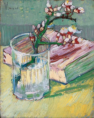 Vincent van Gogh, Stillleben mit blühendem Mandelzweig. 1888 (Stillleben, Glas, Buch, Blüten, Blütenzweig, Mandelblüten, Klassische Moderne, Impressionismus, Wohnzimmer, Treppenhaus, Wunschgröße, bunt)
