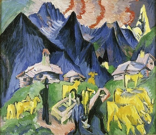 Ernst Ludwig Kirchner, Alpleben (Mitteltafel eines Triptychons). 1918 (Kirchner,Ernst Ludwig,1880-1938,Christie's Images Ltd,Öl auf Leinwand,Kirchner,Ernst Ludwig Kirchner,alpen,berge,berglandschaft,bergmassiv,idylle,ländlich,kühe,hütten,berghütte)