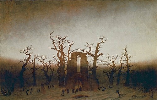 Caspar David Friedrich, Die Abtei im Eichwald. 1809/10 (Ruine, Abtei, Kloster, Fenster, Friedhof, Gräber, Dämmerung, Winter, knorrige Bäume, mytisch, Klassiker, Wohnzimmer, Treppenhaus, Malerei, Romantik, Wunschgröße, bunt)