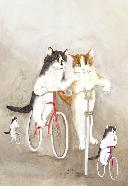 Dédé Moser, COPERTINA I (Katzen, Haustiere, Tiere, Radfahrende Katzen, witzig, Humor, Katzenfamilie,  niedlich, Antropomorphismus, Aquarell, Treppenhaus, Wohnzimmer, Wunschgröße)