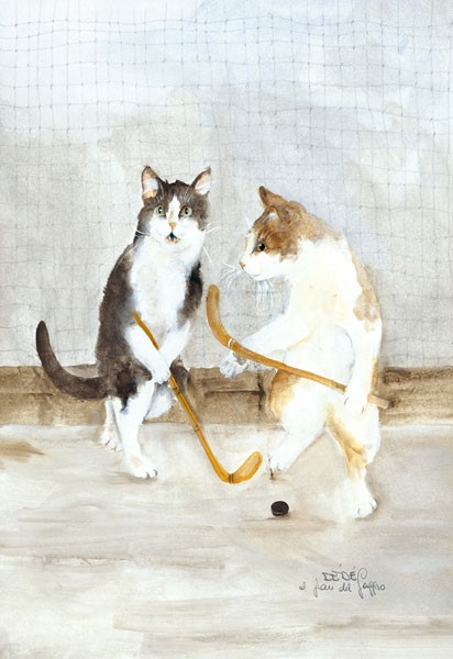 Dédé Moser, COPERTINA II (Katzen, Haustiere, Tiere, golfspielende Katzen, Sport, witzig, Humor, Katzenfamilie,  niedlich, Antropomorphismus, Aquarell, Treppenhaus, Wohnzimmer, Wunschgröße)