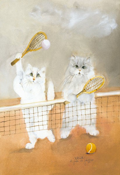 Dédé Moser, LUGLIO (Katzen, Haustiere, Tiere, tennisspielende Katzen, Sport, witzig, Humor, Katzenfamilie,  niedlich, Antropomorphismus, Aquarell, Treppenhaus, Wohnzimmer, Wunschgröße)