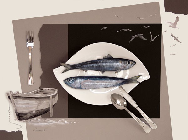 Jean-Marc Chamard, LA FIN D'UNE SARDINE (Stillleben, Fisch, Sardinen, Teller, Messer, Gabel, Löffel, Besteck, Teller, Küche, Eszimmer, Gastronomie, Fotokunst, Wunschgröße, grau/braun)