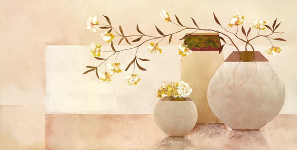 David Sedalia, GOLDEN BLOSSOM II (Stillleben, Eleganz, edel, Töpfe, Vasen, Zweige, gelbe Blüten, klare Formen, modern, Wohnzimmer, Esszimmer, Treppenhaus, Wunschgröße,)