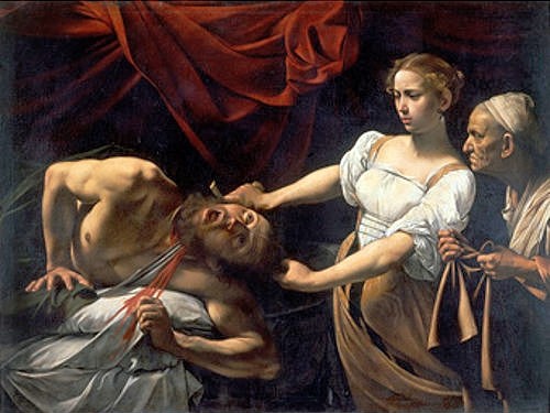 Michelangelo Merisi da Caravaggio, Judith und Holofernes. 1599 (Enthauptung, Feldherr, Holofernes, Judith, Dienerin, brutal, Blut, Bett, Schwert, Tod,  Grausamkeit, Religion, Christentum,  Altes Testament, Bibel, Hell-Dunkel, Barock, Klassiker, Malerei, Wunschgröße, Wohnzimmer)