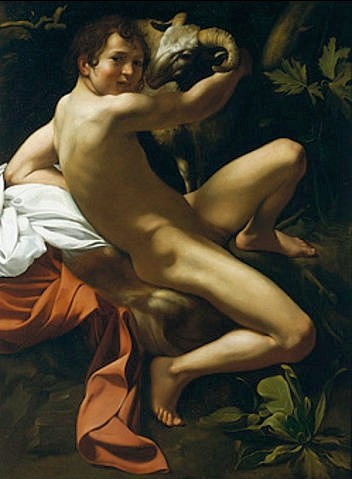 Michelangelo Merisi da Caravaggio, Johannes der Täufer. (Johannes der Täufer, Jüngling, Schäfer, Schaf, Widder,  Aktmalerei, Neues Testament, Bibel, Barock, hell-dunkel, Klassiker, Malerei, Wunschgröße, Wohnzimmer)