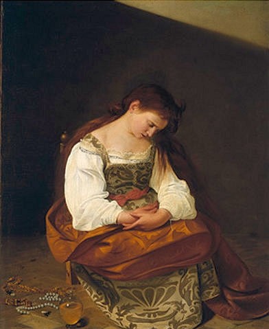 Michelangelo Merisi da Caravaggio, Die reuige Maria Magdalena. Um 1595 (Frau, Christin, Buße, Schmuck, Halsketten, Perlen, Trauer, Christentum,  Religion, Neues Testament, Bibel, Hell-Dunkel, Barock, Klassiker, Malerei, Wunschgröße, Wohnzimmer)