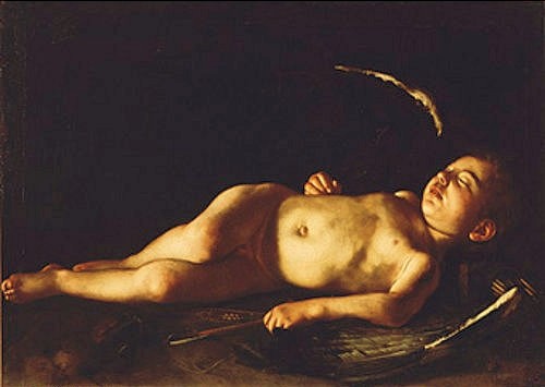 Michelangelo Merisi da Caravaggio, Schlafender Amor. Um 1608 (Florenz,Palazzo Pitti,Caravaggio,Michelangelo Merisi da,1571-1610,Öl auf Leinwand,Caravaggio,Michelangelo Merisi,17. Jahrhundert,Barock,Amor,Cupid,Putto,Kind,Kleinkind,Baby,Bauchnabel,schlafen,Schlaf,Dunkelheit,Hell-Dunkel-Kontrast,Chiaroscuro,unschuldig,)