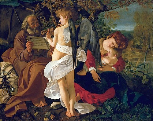 Michelangelo Merisi da Caravaggio, Ruhe auf der Flucht nach Ägypten. Um 1595 (Heilige Familie, Flucht, Rast Ruhe, Engel, Geige, Musik, Notenbuch, schlafende Maria,  Religion, Neues Testament, Bibel, Hell-Dunkel, Barock, Klassiker, Malerei, Wunschgröße, Wohnzimmer)