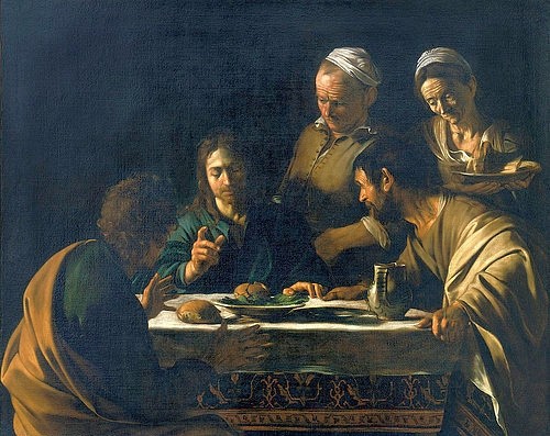 Michelangelo Merisi da Caravaggio, Das Gastmahl in Emmaus. 1606 (Christus, Jünger, Wirtshaus, Tafel, Mahlzeit, Segen, Bibel, Neues Testament, Barock, hell-dunkel, Klassiker, Malerei, Wunschgröße, Wohnzimmer)