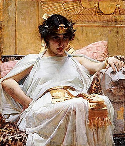 John William Waterhouse, Kleopatra. Um 1887 (Christie's Images Ltd,Waterhouse,John William,1849-1917,Öl auf Leinwand,Waterhouse,John William Waterhouse,19. Jahrhundert,Frau,Königin,Pharao,Ägypten,Schönheit,nachdenklich,Präraffaelit,weiß,weißes Kleid,gold)