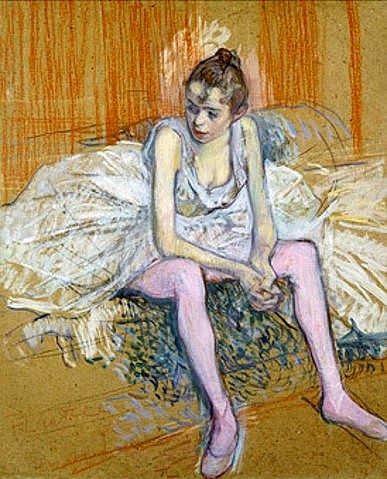 Henri de Toulouse-Lautrec, Sitzende Tänzerin. 1890 (Toulouse-Lautrec,Henri de,1864-1901,Christie's Images Ltd,Pastell/Karton,Toulouse-Lautrec,Henri Toulouse-Lautrec,19. Jahrhundert,Post-Impressionismus,Mädchen,Tänzerin,Ballerina,Ballett,junge Frau,Tutu,ausruhen,Pause,Ballettschuhe)