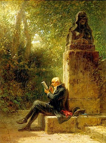 Carl Spitzweg, Der Philosoph (Der Leser im Park). (Spitzweg,Carl,1808-1885,Christie's Images Ltd,Öl auf Leinwand,Spitzweg,Carl Spitzweg,19. Jahrhundert,Biedermeier,Mann,Leser,lesen,Literatur,Buch,Lektüre,Park,Sphinx,Skulptur,Sockel,ungestört,Lupe,Schuhschnallen,Schuhschnalle,vertieft,gefesselt)