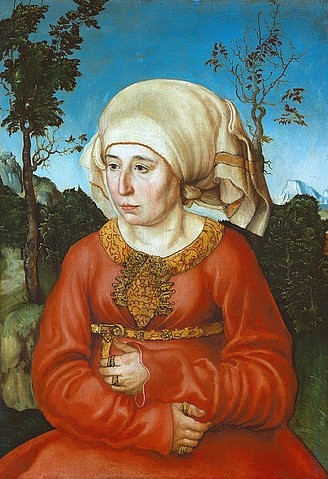 LUCAS CRANACH Der Ältere, Bildnis der Frau eines Rechtsgelehrten. 1503 (Frau, Haube, Kopftuch,  Landschaft, Bildnis, Portrait, Frau, Schmuck, Gold,  Gesellschaft, Klassiker, Renaissance, Wunschgröße,  Wohnzimmer)
