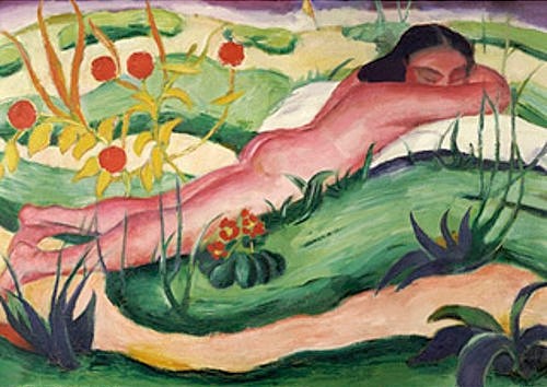 Franz Marc, Liegender Akt in Blumen. 1910 (Marc,Franz,1880-1916,Christie's Images Ltd,Öl auf Leinwand,Frau,Natur)