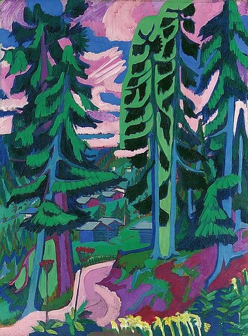 Ernst Ludwig Kirchner, Wildboden (Bergwald, Sommerlicher Waldweg). 1927-28 (Kirchner,Ernst Ludwig,1880-1938,Christie's Images Ltd,Öl auf Leinwand,Ernst Ludwig Kirchner Tannen,Baum,Bäume,Tanne,Wald,Wolken,Weg,Bergdorf,Blick durch Bäume,alpin,rosa,lila)