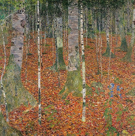 Gustav Klimt, Birkenwald. 1903 (Jugendstil,Wald,Herbst,Weißbirke,Birke,Birken,Bäume,Stämme,Herbstlaub,Glockenblume,Blätter,Laub,Gestrüpp,)