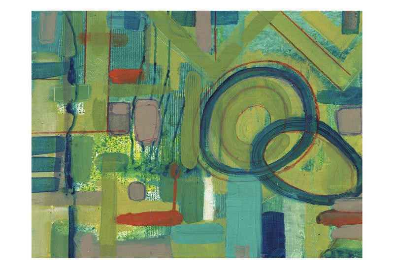 Smith Haynes, BOTANY GREEN I (Abstrakt, Malerei, geometrische Formen, Kreise,Kringel, Rechtecke, Linien, Wohnzimmer, Treppenhaus, Büro, Wunschgröße, grün/bunt)