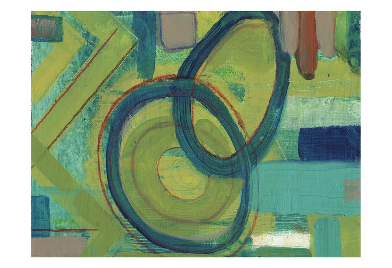Smith Haynes, BOTANY GREEN II (Abstrakt, Malerei, geometrische Formen, Kreise,Kringel, Rechtecke, Linien, Wohnzimmer, Treppenhaus, Büro, Wunschgröße, grün/bunt)