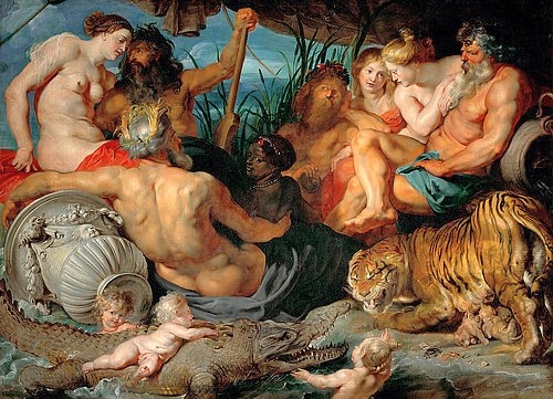 Peter Paul Rubens, Die vier Flüsse des Paradieses. Um 1615 (Rubens,Peter Paul,1577-1640,Wien,Kunsthistorisches Museum,Lwd.,Rubens,Barock,Krokodil,Tiger,Urne,Putten,Hautfarbe,Flussgott,Götter)