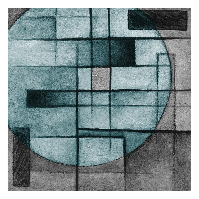 Kristin Emery, BLUE CIRCLE BOX II (Abstrakt, Malerei, geometrische Formen, Kreis, Linien, Rechtecke, modern, zeitgenössisch, Wohnzimmer, Treppenhaus, Wunschgröße, grau/blau)