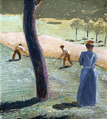 August Macke, Arbeiter auf dem Feld bei Kandern. 1907 (Macke,August,1887-1914,Christie's Images Ltd,Öl auf Papier,aufgelegt auf Karton,Macke,August Macke,20. Jahrhundert,Feldarbeiter,Feldarbeit,Ernte,Stamm,Baumstamm,Sommer,Arbeiter)