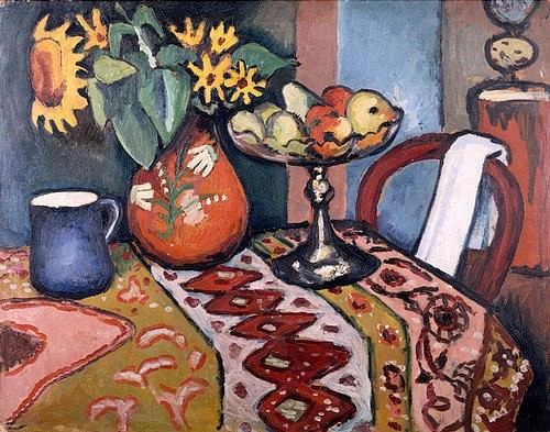 August Macke, Stilleben mit Sonnenblumen II. 1911 (Macke,August,1887-1914,Christie's Images Ltd,Öl/Karton,Macke,August Macke,20. Jahrhundert,Stillleben,Obstschale,Vase,Blumenvase,Sonnenblume,Tischdecke,Tischtuch,Muster,Milchkrug)