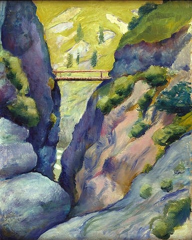 August Macke, Schlucht bei Tegernsee. 1910. (Macke,August,1887-1914,Christie's Images Ltd,Öl auf Leinwand,Macke,August Macke,20. Jahrhundert,Landschaft,Hochformat,Brücke,Berge,Gebirge,Felsen,Schlucht,Tal)