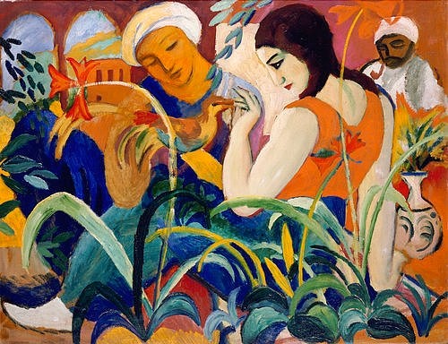 August Macke, Orientalische Frauen. 1912 (Macke,August,1887-1914,Christie's Images Ltd,Öl/Karton,Macke,August Macke,20. Jahrhundert,Frau,Frauen,Orient,Vogel,Turban,leuchtende Farben,farbenfroh)