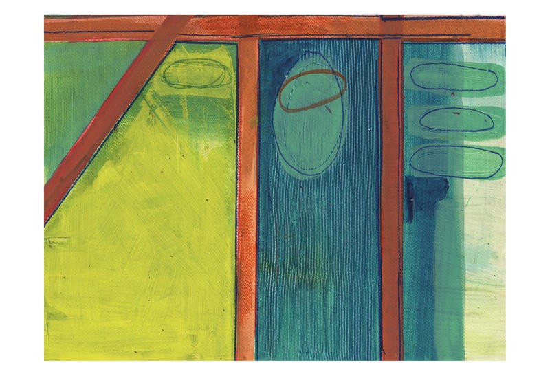 Smith Haynes, OLIVE HOUSE II (Abstrakt, Malerei, geometrische Formen, Oval, Farbflächen, Stäbe, Vertikale Linien, modern, Wohnzimmer, Treppenhaus, Büro, Wunschgröße, bunt)
