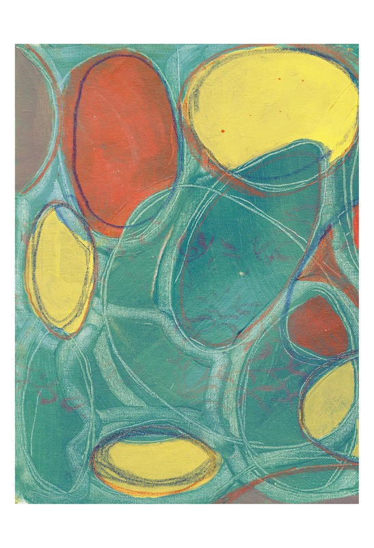 Smith Haynes, SEA FROM BOTANY I (Abstrakt, Malerei, geometrische Formen, Kreise, Scheiben, Ovale, Zellen, Wohnzimmer, Treppenhaus, Büro, Wunschgröße, grün/bunt)