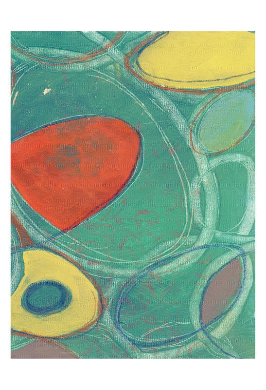 Smith Haynes, SEA FROM BOTANY II (Abstrakt, Malerei, geometrische Formen, Kreise, Scheiben, Ovale, Zellen, Wohnzimmer, Treppenhaus, Büro, Wunschgröße, grün/bunt)