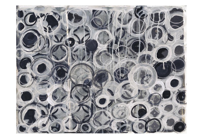 Smith Haynes, CIRCLE IN BLACK (Abstrakt, Malerei, geometrische Formen, Kreise, Zellen, modern, Wohnzimmer, Treppenhaus, Büro, Wunschgröße, schwarz/weiß)