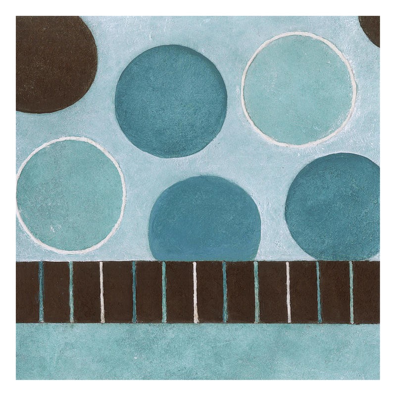 Kristin Emery, BUBBLES I (Abstrakt, Malerei, geometrische Formen, Muster, Kreise, Linien, Streifen, modern, zeitgenössisch, Wohnzimmer, Büro, Treppenhaus, Wunschgröße, blau/braun)