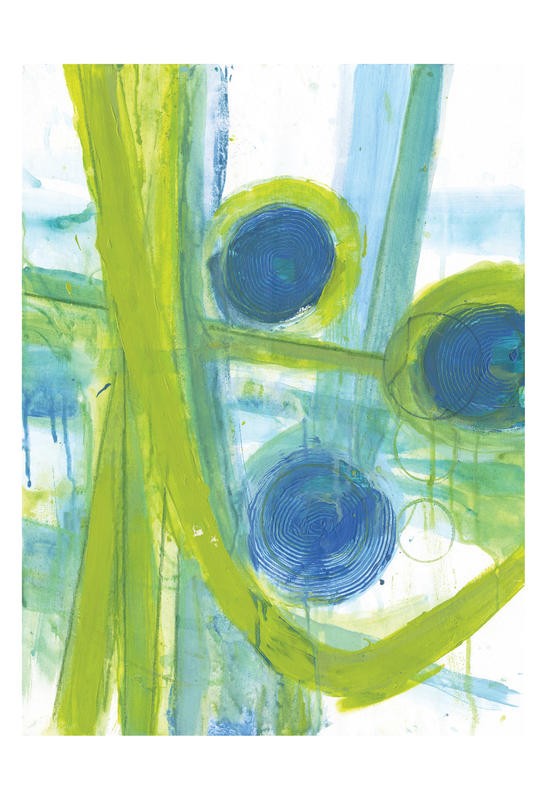Smith Haynes, NATIVE BLUES I (Abstrakt, Malerei, geometrische Formen, Kreise, Scheiben, Rillen, Stängel Zellen, Wohnzimmer, Treppenhaus, Büro, Wunschgröße, grün/blau)