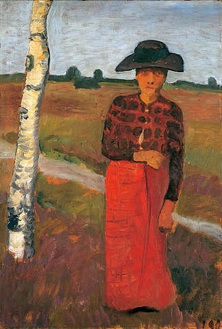 Paula Modersohn-Becker, Bäuerin an einer Birke. 1900 (Modersohn-Becker,Paula,1876-1907,Münster,LWL-Museum für Kunst und Kultur<br>Westfälisches Landesmuseum,Öl/Pappe,Dauerleihgabe des Westfälischen Kunstvereins,Paula Modersohn-Becker,Frau,Hut,Birke,Baumstamm,flaches Land,Flachland)