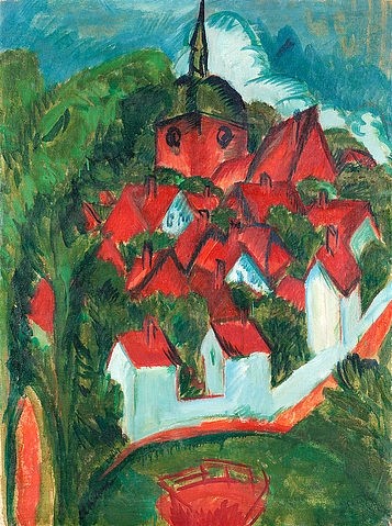 Ernst Ludwig Kirchner, Burg auf Fehmarn. 1912 (Expressionismus,Die Brücke,20. Jahrhundert,Öl auf Leinwand,Münster,LWL-Museum für Kunst und Kultur<br>Westfälisches Landesmuseum,1880-1938,Kirchner,Ernst Ludwig,Kirchner,Ernst Ludwig Kirchner,20. Jahrhundert,Fehmarn,Dorf,Kirchturm,Häuser,rot,grün,rot-grün)